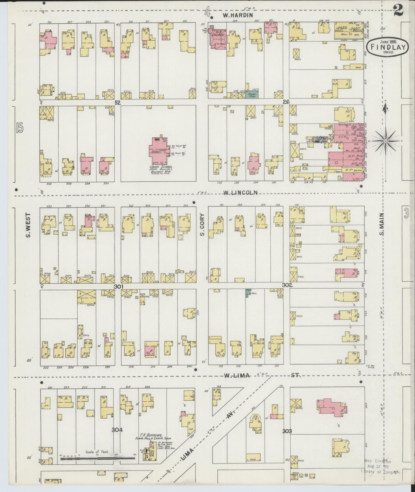 Sanborn Fire Insurance Map from Findlay, Hancock County, Ohio (1895), Sheet #0002 - Historic Sanborn Fire Insurance Map Print, vintage old map wall art, antique decor, genealogy gift, Ohio Ohio map
