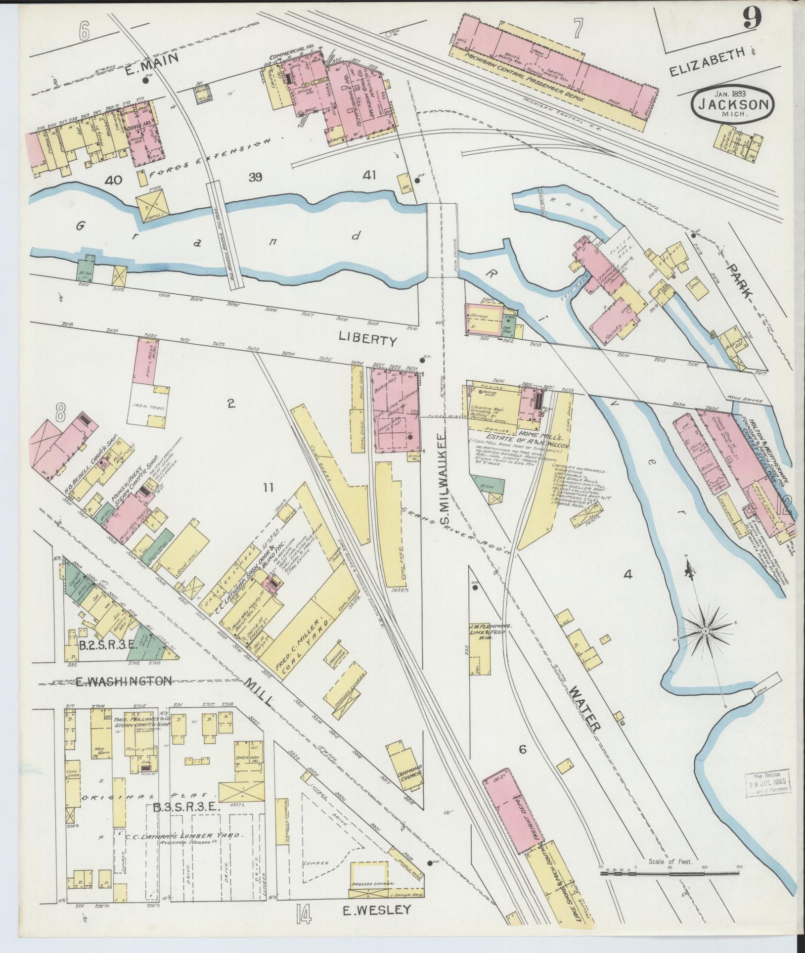 Sanborn Fire Insurance Map from Jackson, Jackson County, Michigan (1893), Sheet #0009 - Complete Map Set gallery image, historic Sanborn map, vintage wall art, Michigan Michigan