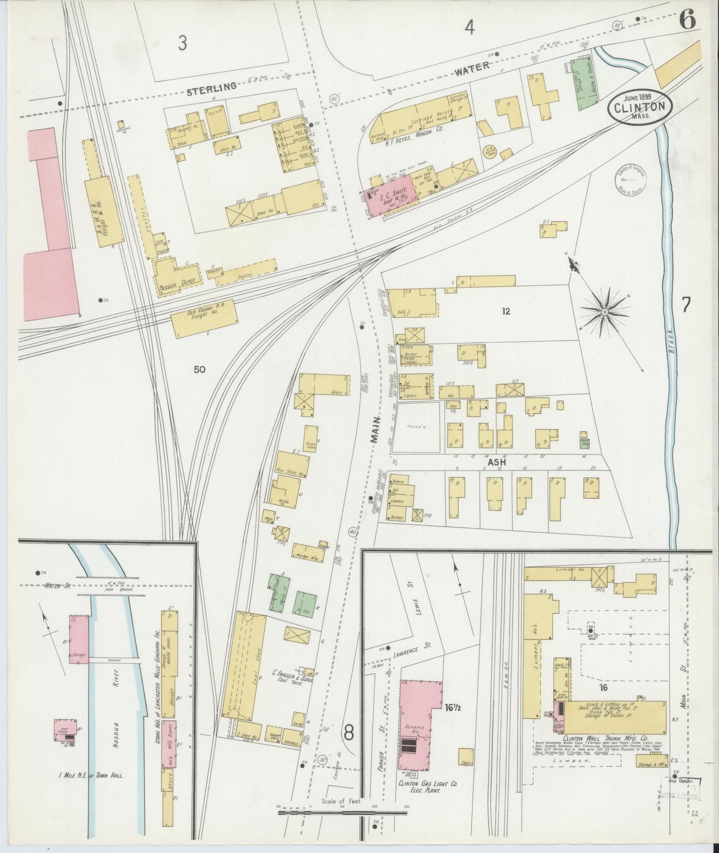 Sanborn Fire Insurance Map from Clinton, Worcester County, Massachusetts (1899), Sheet #0006 - Historic Sanborn Fire Insurance Map Print, vintage old map wall art, antique decor, genealogy gift, Massachusetts Massachusetts map