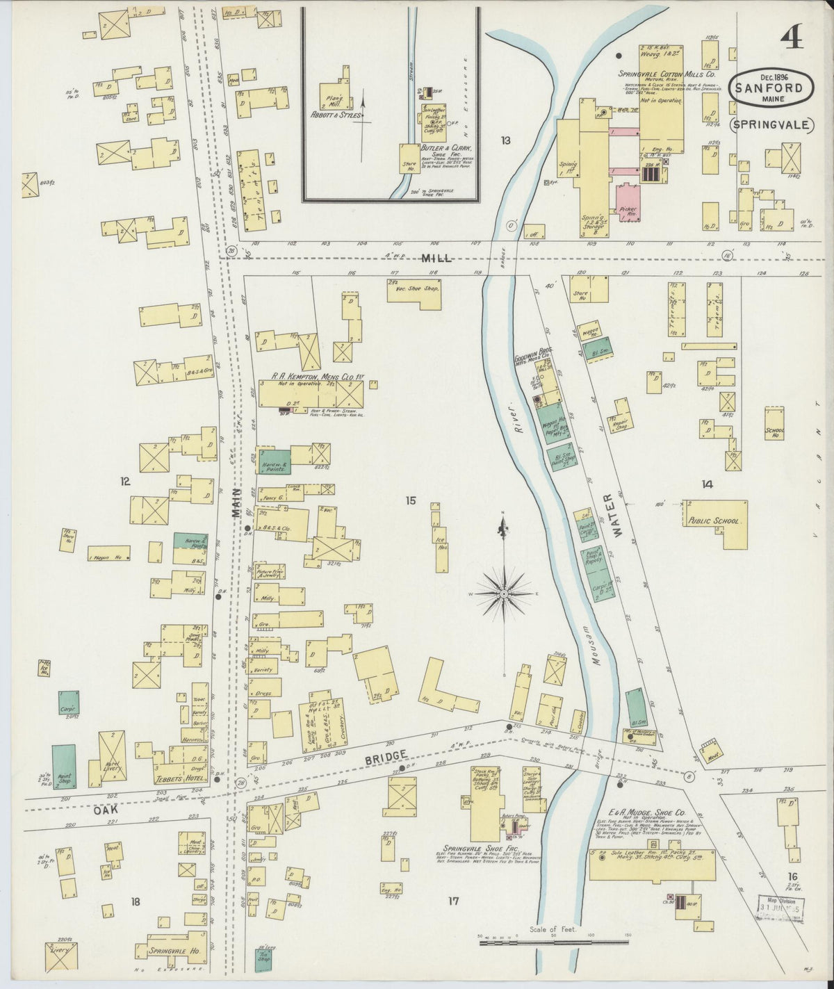 Sanborn Fire Insurance Map from Sanford, York County, Maine (1896), Sheet #0004 - Historic Sanborn Fire Insurance Map Print, vintage old map wall art, antique decor, genealogy gift, Maine Maine map