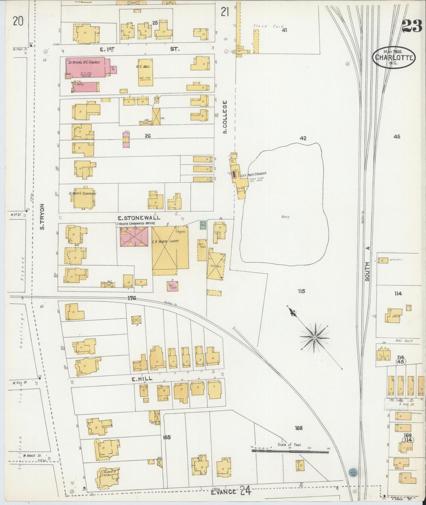 Sanborn Fire Insurance Map from Charlotte, Mecklenburg County, North Carolina (1905), Sheet #0023 - Historic Sanborn Fire Insurance Map Print, vintage old map wall art, antique decor, genealogy gift, North Carolina North Carolina map