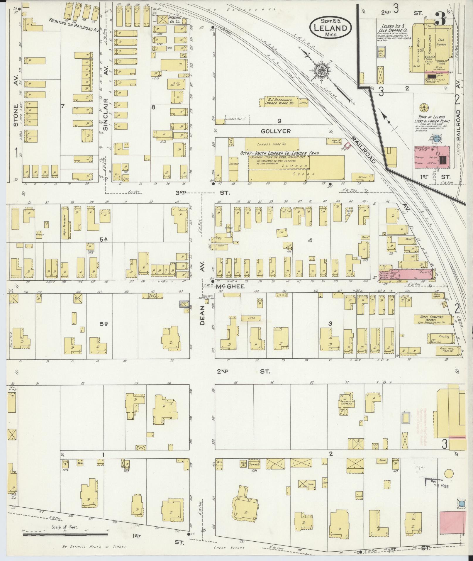 Sanborn Fire Insurance Map from Leland, Washington County, Mississippi (1915), Sheet #0003 - Historic Sanborn Fire Insurance Map Print, vintage old map wall art, antique decor, genealogy gift, Mississippi Mississippi map