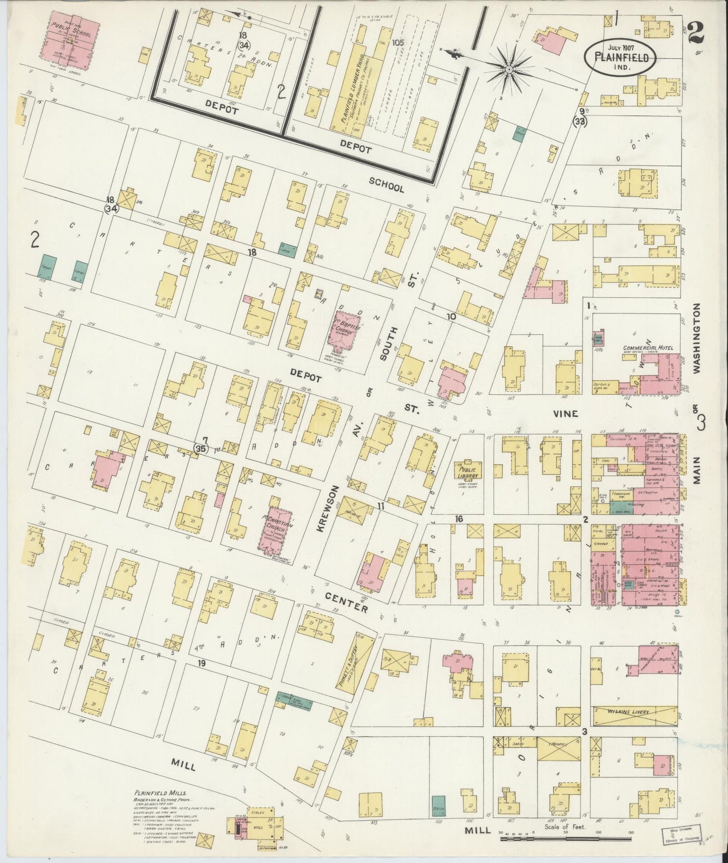Sanborn Fire Insurance Map from Plainfield, Hendricks County, Indiana (1907), Sheet #0002 - Complete Map Set gallery image, historic Sanborn map, vintage wall art, Indiana Indiana