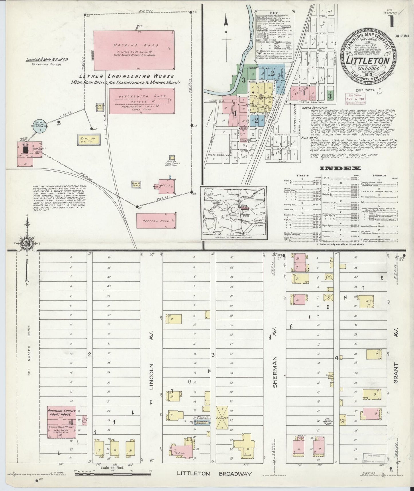 Sanborn Fire Insurance Map from Littleton, Arapahoe County, Colorado (1914), Sheet #0001 - Complete Map Set gallery image, historic Sanborn map, vintage wall art, Colorado Colorado