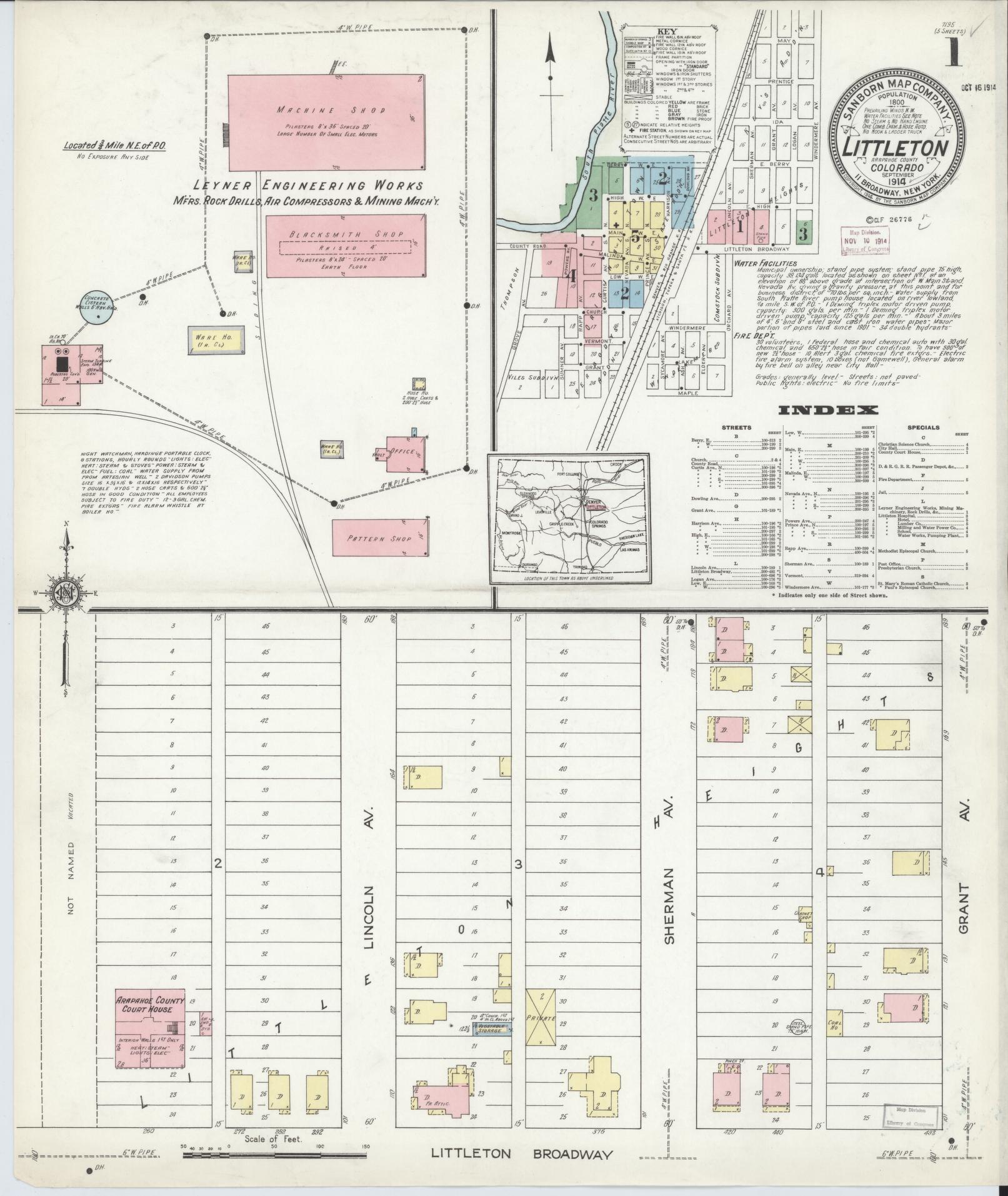 Sanborn Fire Insurance Map from Littleton, Arapahoe County, Colorado (1914), Sheet #0001 - Complete Map Set gallery image, historic Sanborn map, vintage wall art, Colorado Colorado