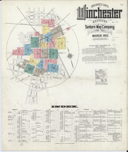 Sanborn Fire Insurance Map from Winchester, Clark County, Kentucky (1912), Sheet #0001 - Historic Sanborn Fire Insurance Map Print, vintage old map wall art, antique decor, genealogy gift, Kentucky Kentucky map