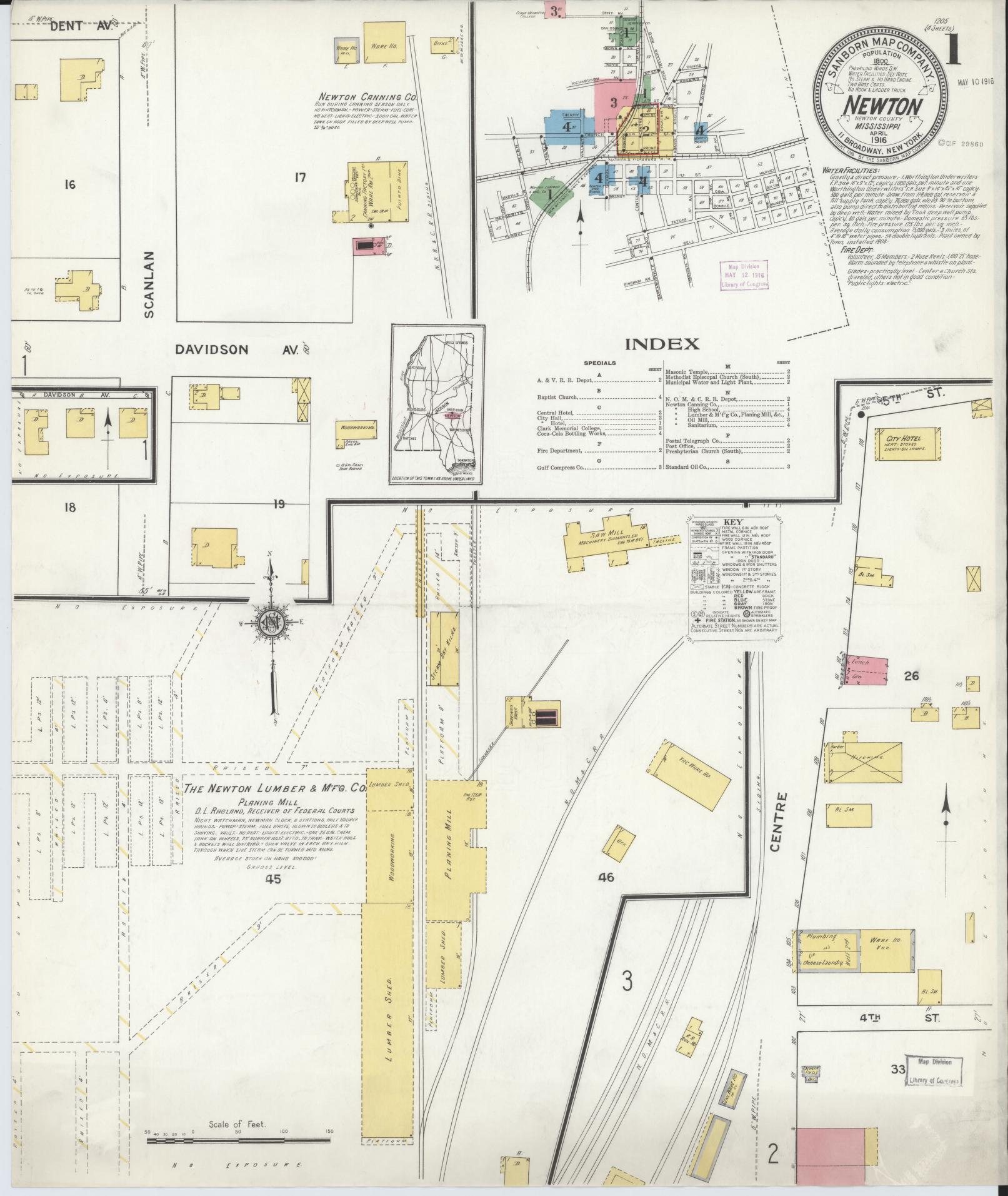Sanborn Fire Insurance Map from Newton, Newton County, Mississippi (1916), Sheet #0001 - Historic Sanborn Fire Insurance Map Print, vintage old map wall art, antique decor, genealogy gift, Mississippi Mississippi map