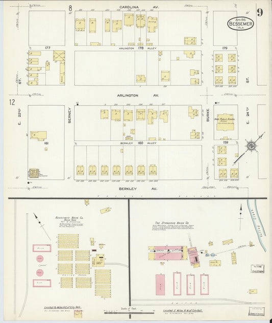 Sanborn Fire Insurance Map from Bessemer, Jefferson County, Alabama (1913), Sheet #0009 - Historic Sanborn Fire Insurance Map Print, vintage old map wall art, antique decor, genealogy gift, Alabama Alabama map