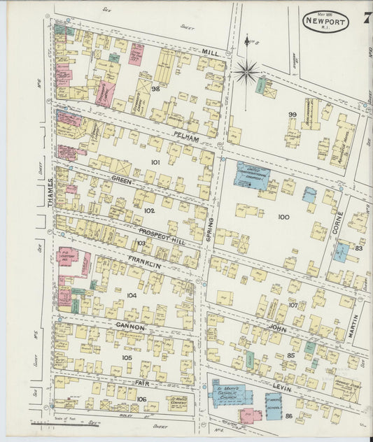 Sanborn Fire Insurance Map from Newport, Newport County, Rhode Island (1891), Sheet #0007 - Historic Sanborn Fire Insurance Map Print, vintage old map wall art, antique decor, genealogy gift, Rhode Island Rhode Island map