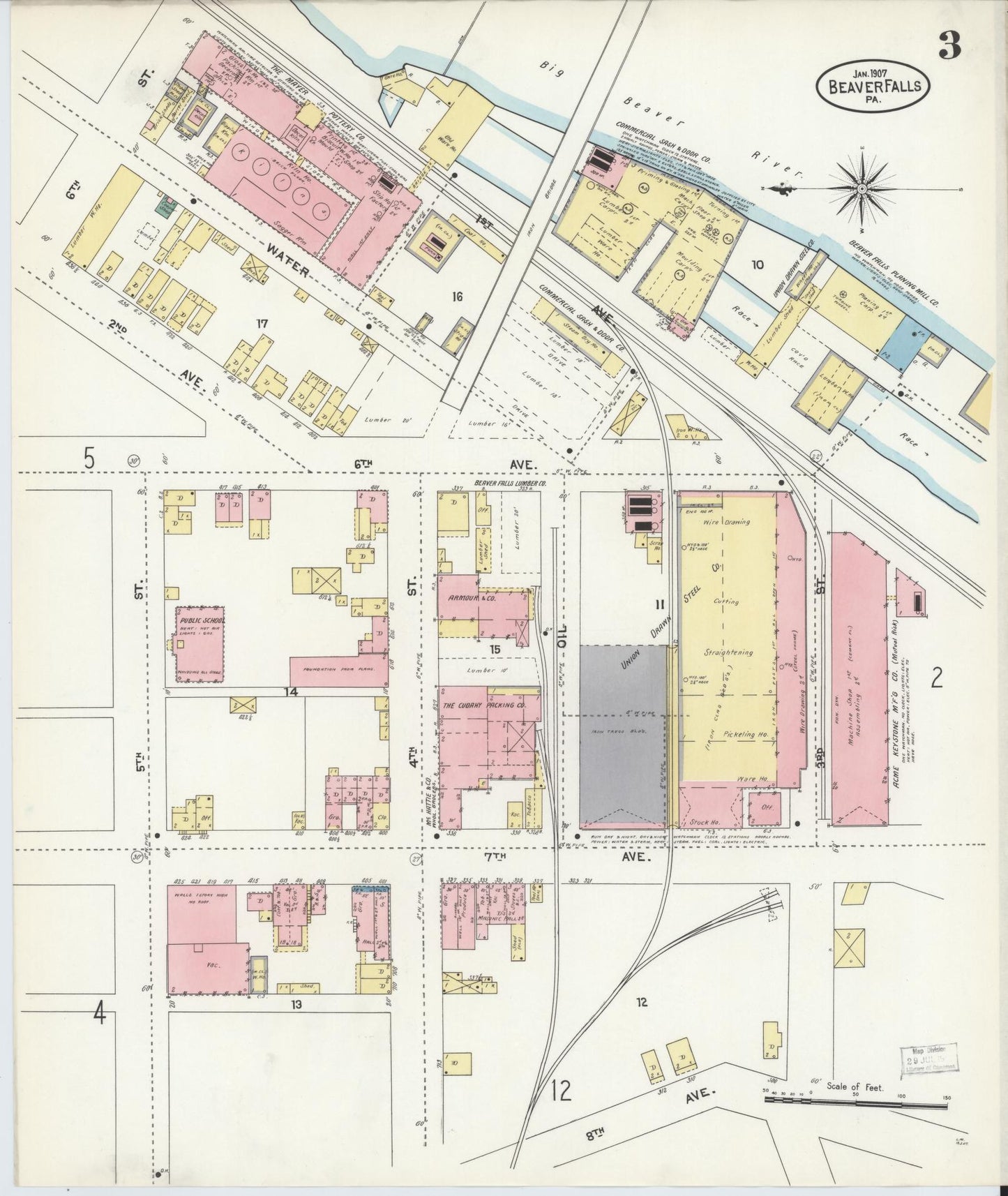 Sanborn Fire Insurance Map from Beaver Falls, Beaver County, Pennsylvania (1907), Sheet #0003 - Historic Sanborn Fire Insurance Map Print, vintage old map wall art, antique decor, genealogy gift, Pennsylvania Pennsylvania map