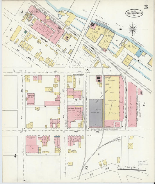 Sanborn Fire Insurance Map from Beaver Falls, Beaver County, Pennsylvania (1907), Sheet #0003 - Historic Sanborn Fire Insurance Map Print, vintage old map wall art, antique decor, genealogy gift, Pennsylvania Pennsylvania map