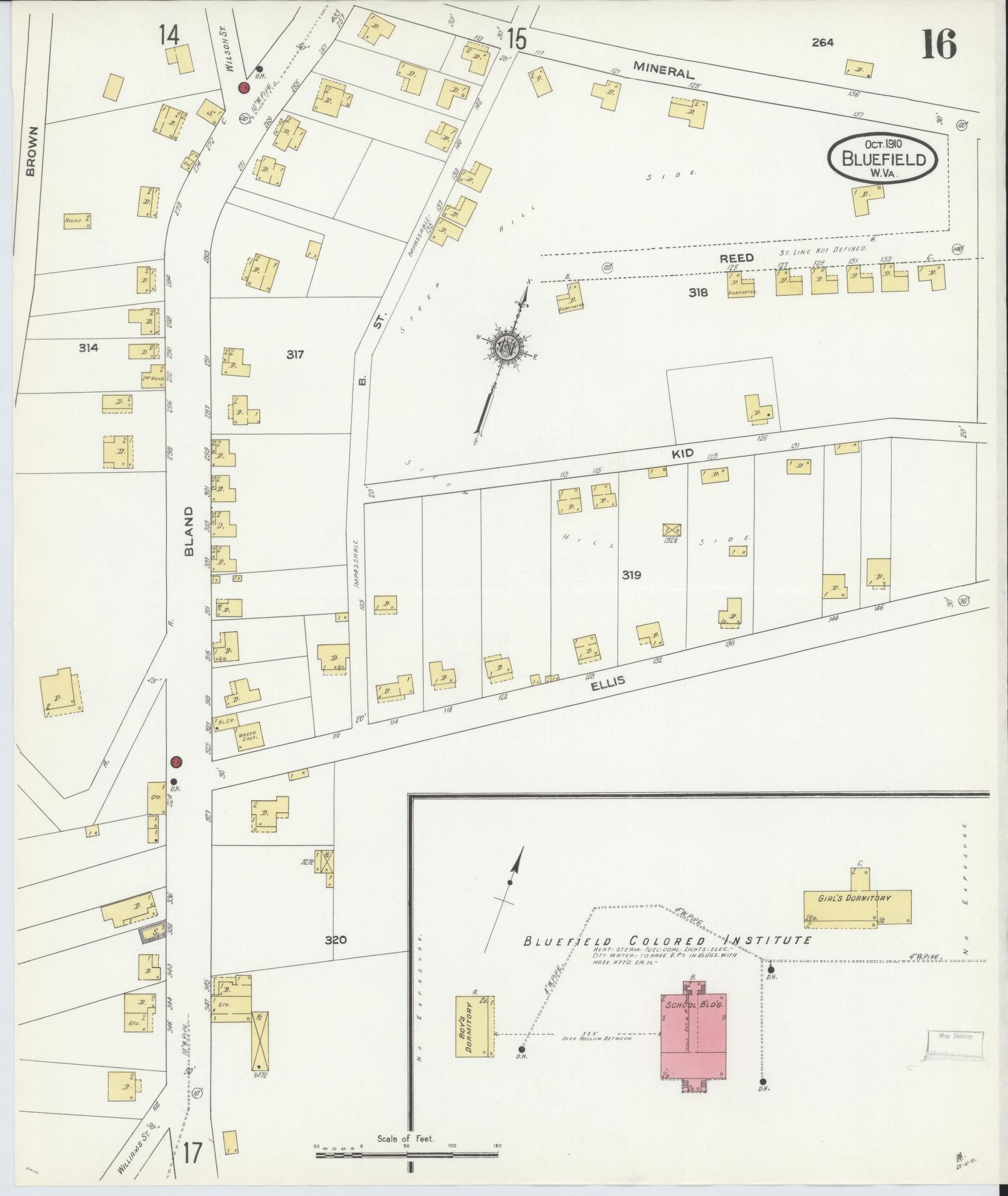 Sanborn Fire Insurance Map from Bluefield, Mercer County, West Virginia (1910), Sheet #0016 - Historic Sanborn Fire Insurance Map Print, vintage old map wall art, antique decor, genealogy gift, West Virginia West Virginia map