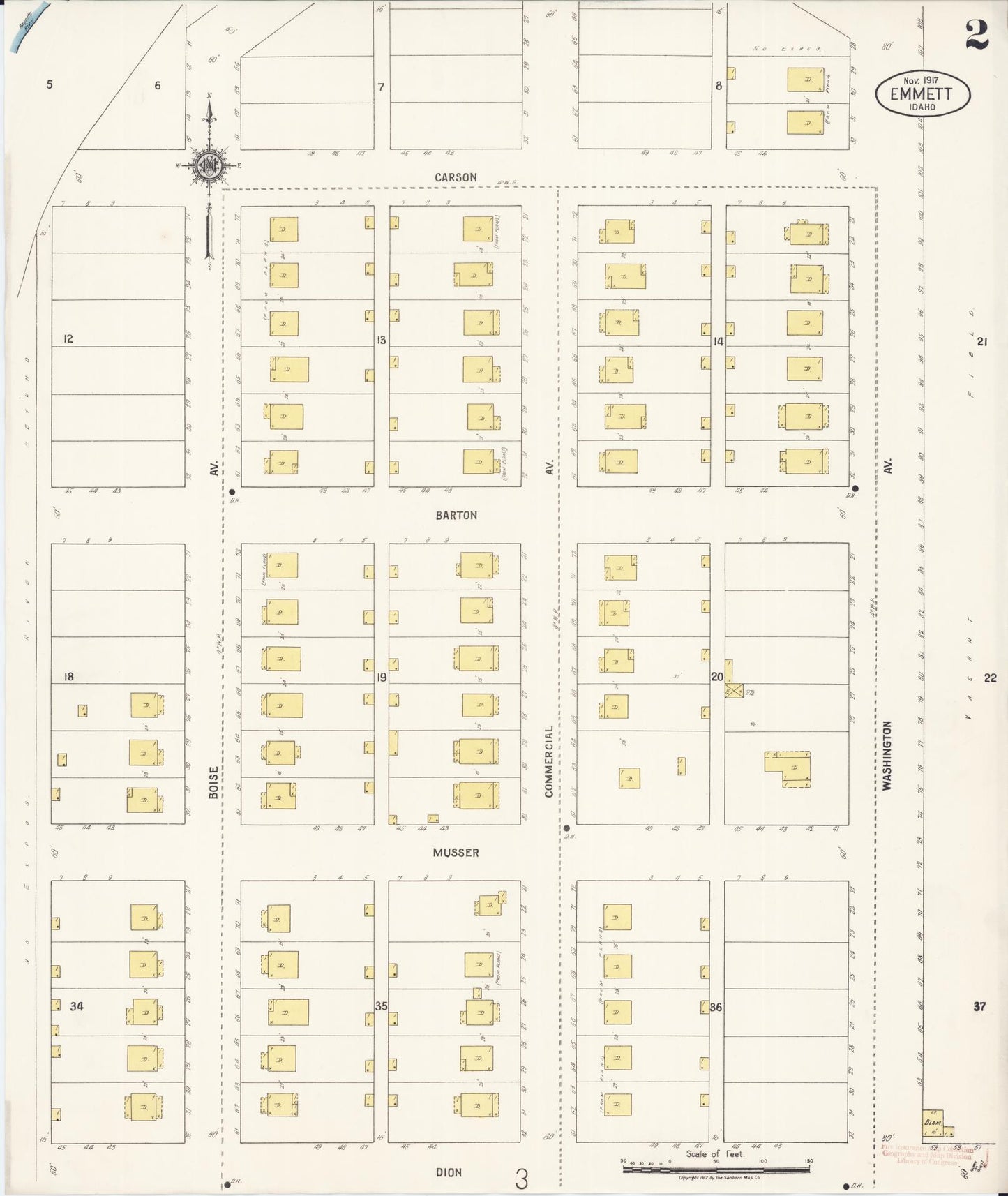 Sanborn Fire Insurance Map from Emmett, Gem County, Idaho (1917), Sheet #0002 - Complete Map Set gallery image, historic Sanborn map, vintage wall art, Idaho Idaho
