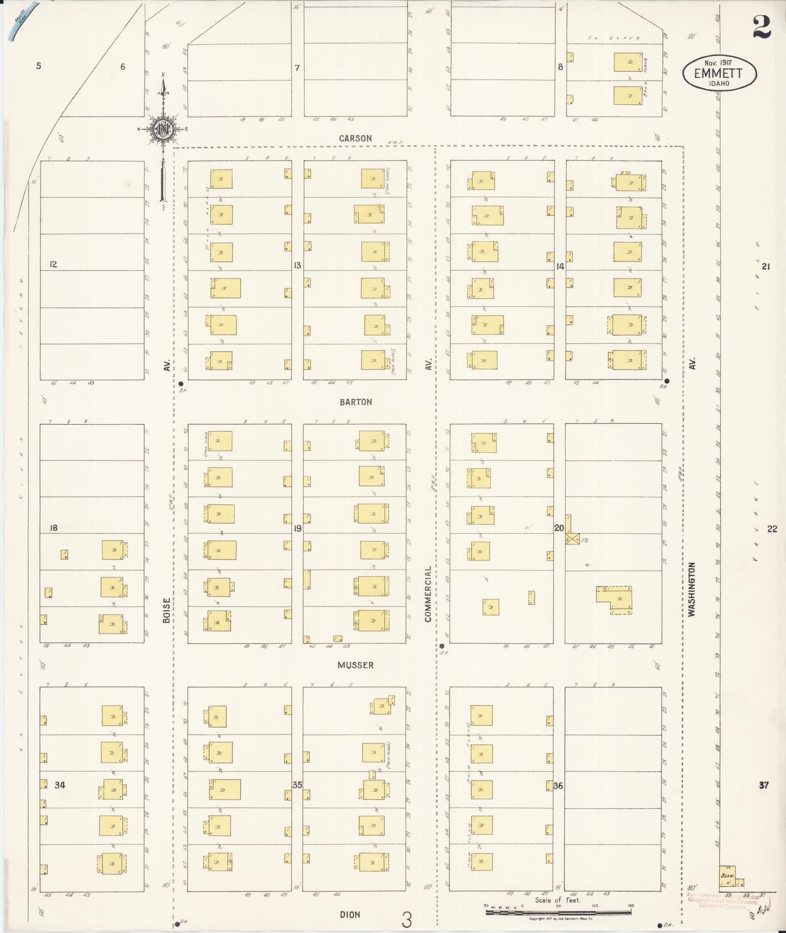 Sanborn Fire Insurance Map from Emmett, Gem County, Idaho (1917), Sheet #0002 - Complete Map Set gallery image, historic Sanborn map, vintage wall art, Idaho Idaho