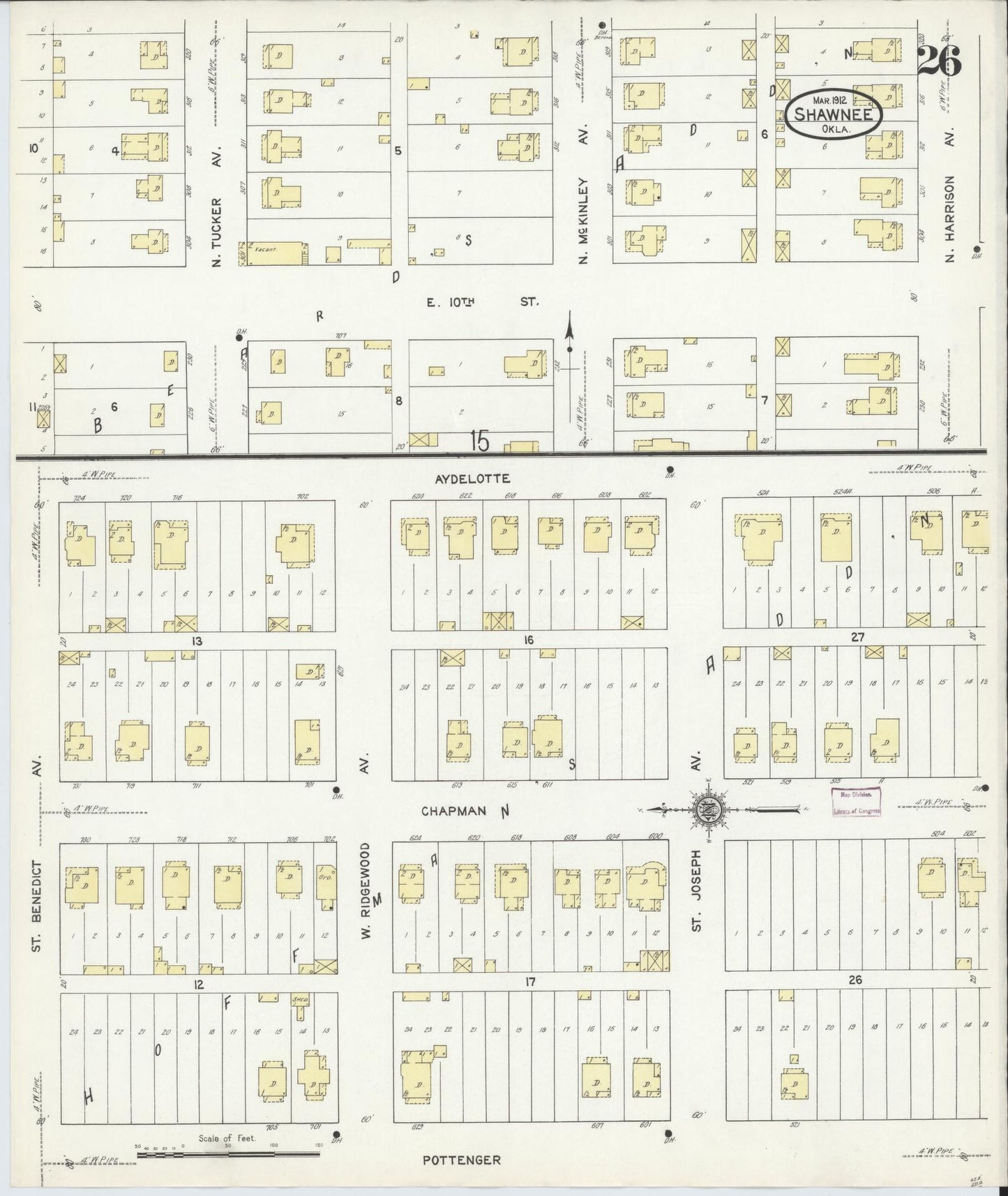 Sanborn Fire Insurance Map from Shawnee, Pottawatomie County, Oklahoma (1912), Sheet #0026 - Complete Map Set gallery image, historic Sanborn map, vintage wall art, Oklahoma Oklahoma