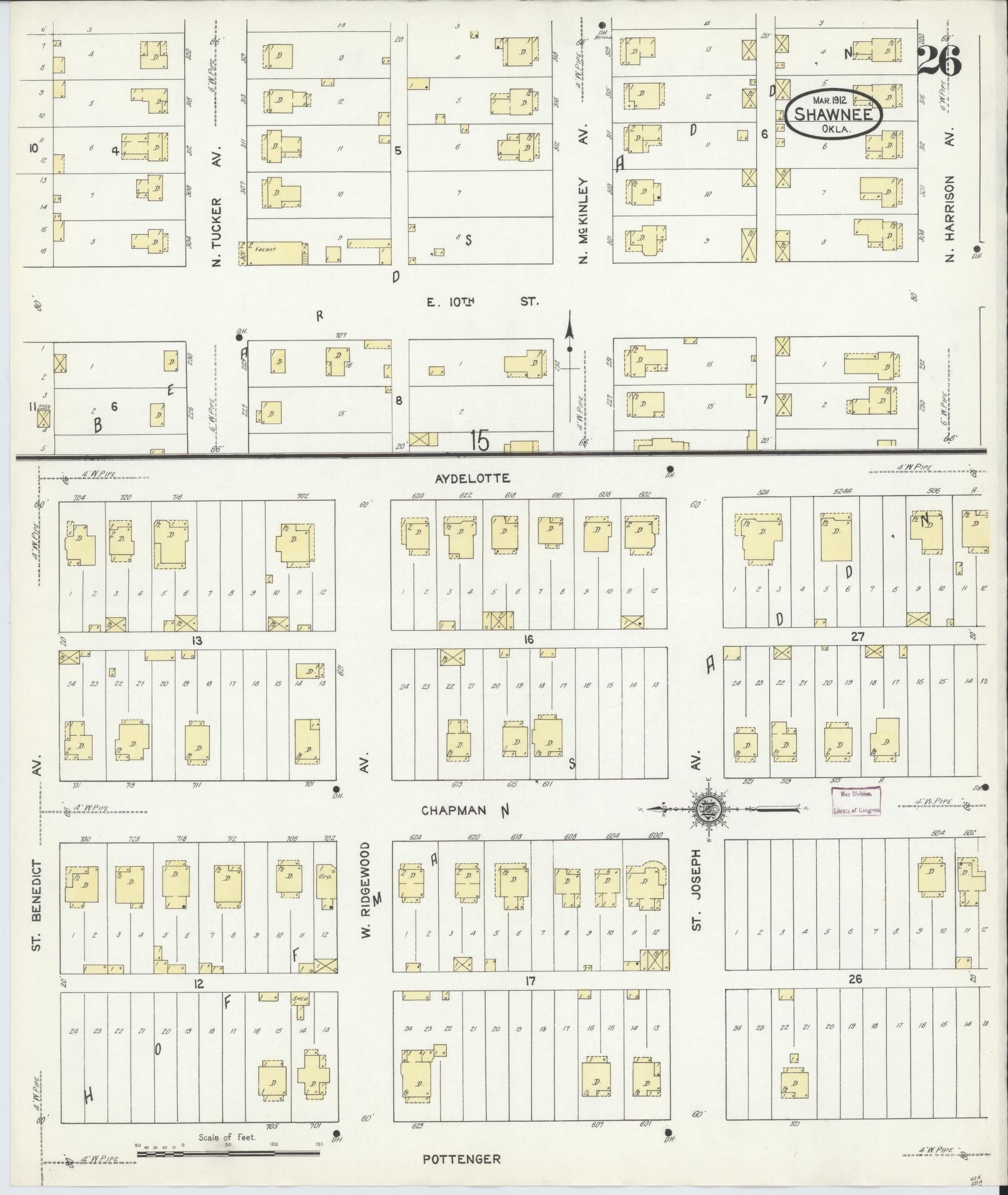 Sanborn Fire Insurance Map from Shawnee, Pottawatomie County, Oklahoma (1912), Sheet #0026 - Complete Map Set gallery image, historic Sanborn map, vintage wall art, Oklahoma Oklahoma