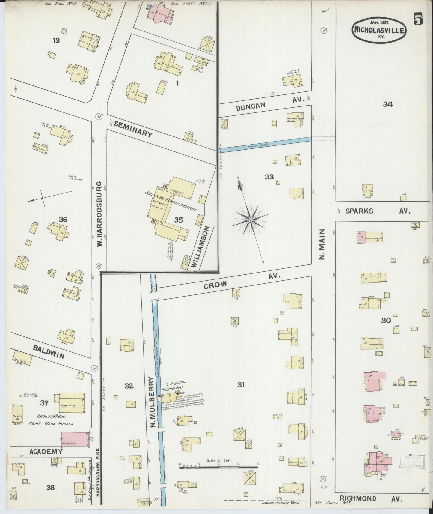 Sanborn Fire Insurance Map from Nicholasville, Jessamine County, Kentucky (1892), Sheet #0005 - Complete Map Set gallery image, historic Sanborn map, vintage wall art, Kentucky Kentucky
