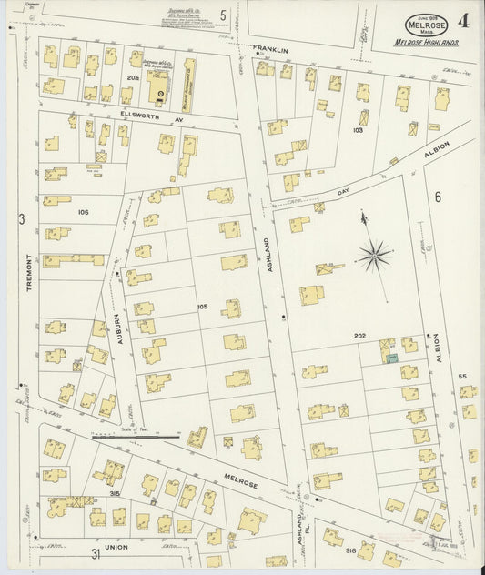 Sanborn Fire Insurance Map from Melrose, Middlesex County, Massachusetts (1909), Sheet #0004 - Historic Sanborn Fire Insurance Map Print, vintage old map wall art, antique decor, genealogy gift, Massachusetts Massachusetts map