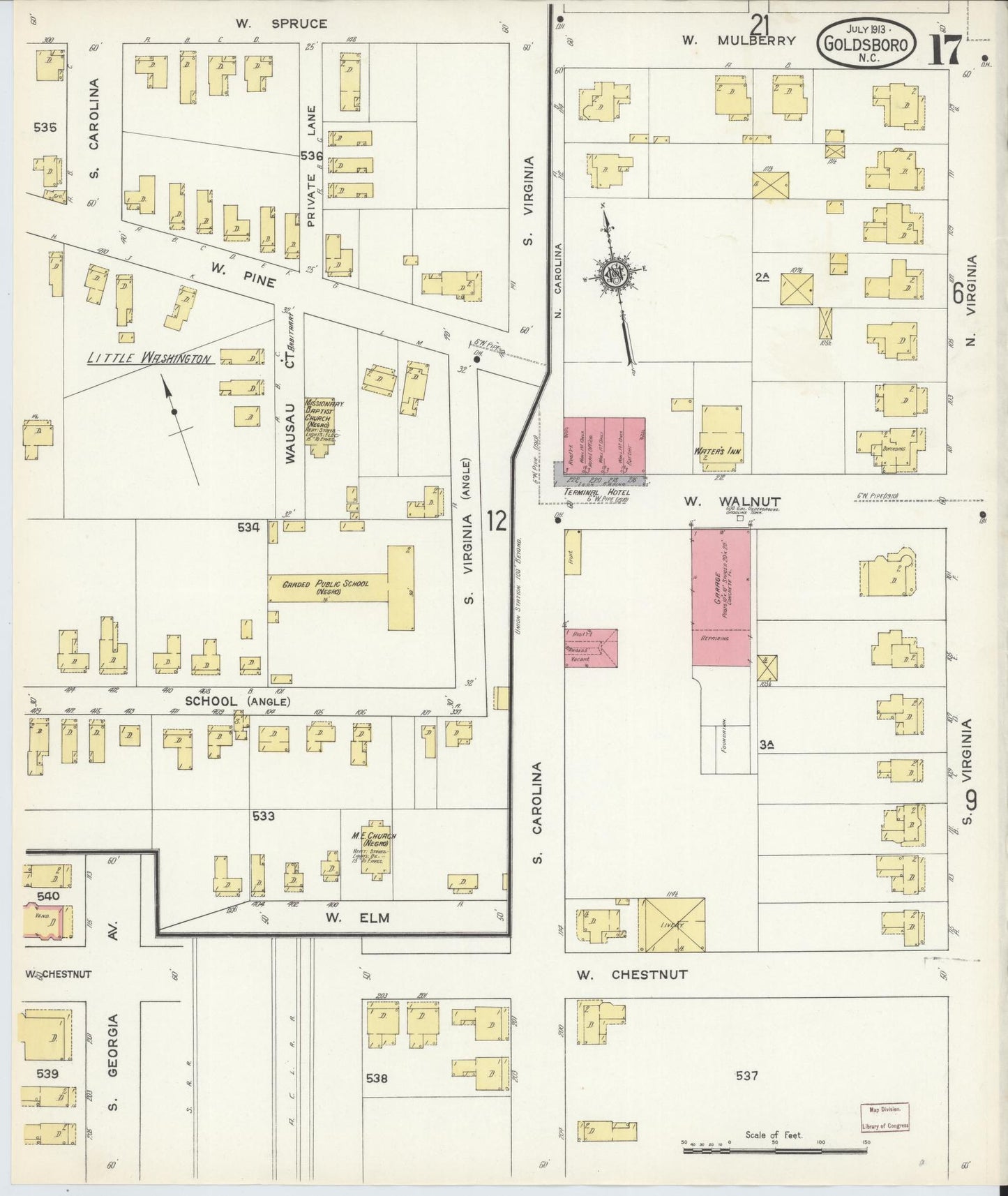 Sanborn Fire Insurance Map from Goldsboro, Wayne County, North Carolina (1913), Sheet #0017 - Complete Map Set gallery image, historic Sanborn map, vintage wall art, North Carolina North Carolina