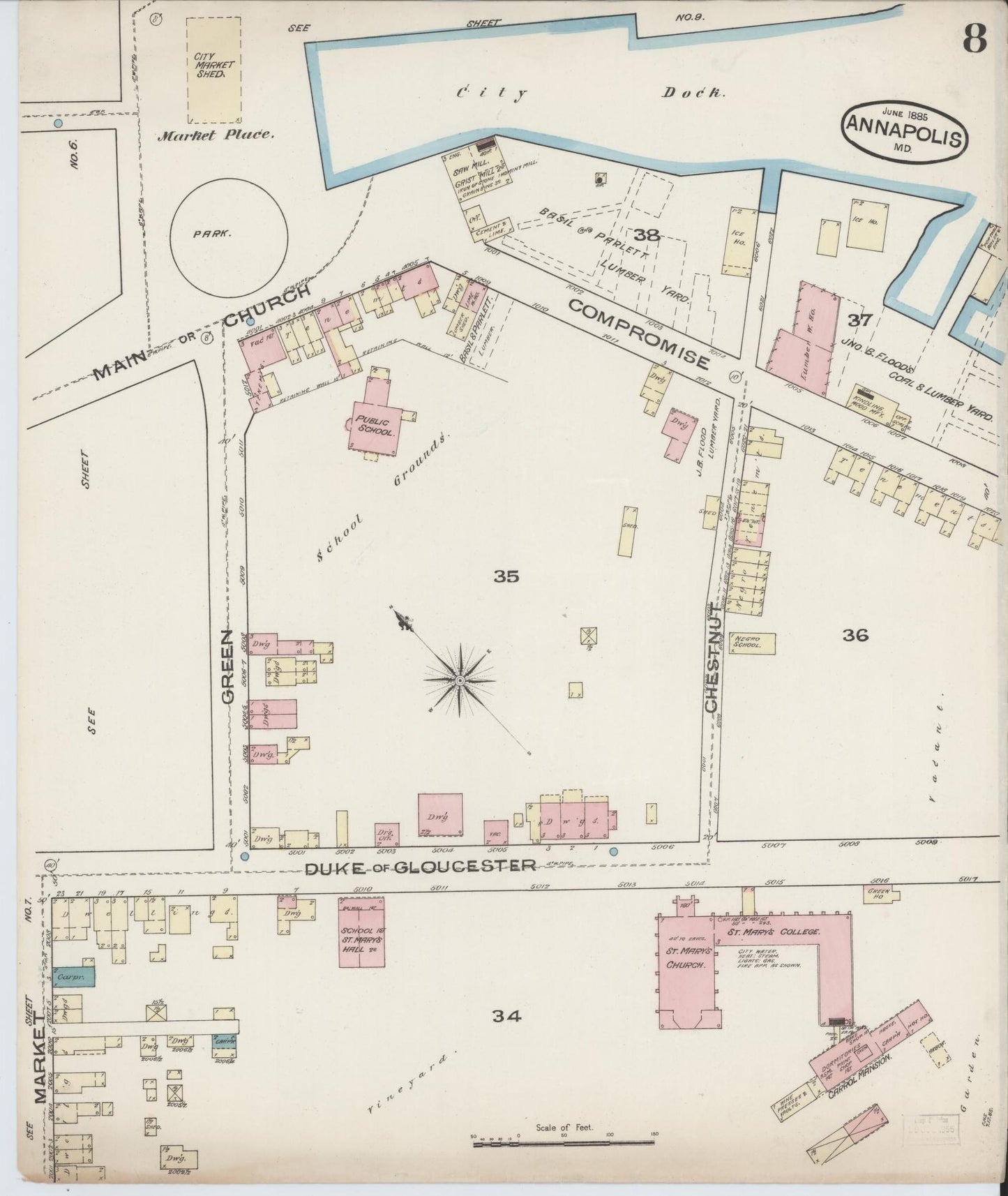 Anne Arundel, Maryland - 1885 - Sanborn Fire Insurance Map, Sheet #0008 - Historic Sanborn Fire Insurance Map Print, Anne Arundel Maryland 1885 0008 vintage old map wall art
