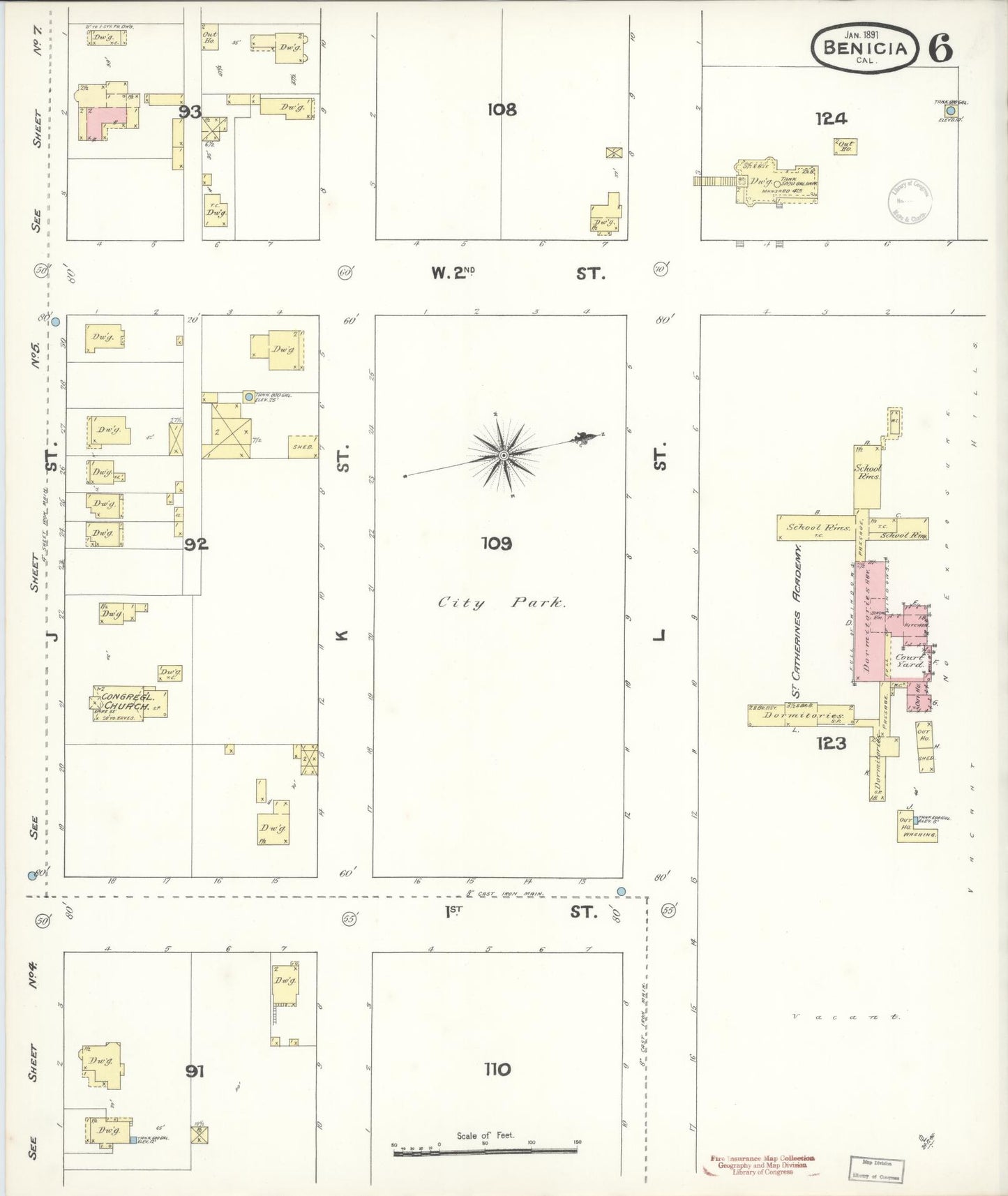 Sanborn Fire Insurance Map from Benicia, Solano County, California (1891), Sheet #0006 - Historic Sanborn Fire Insurance Map Print, vintage old map wall art, antique decor, genealogy gift, California California map