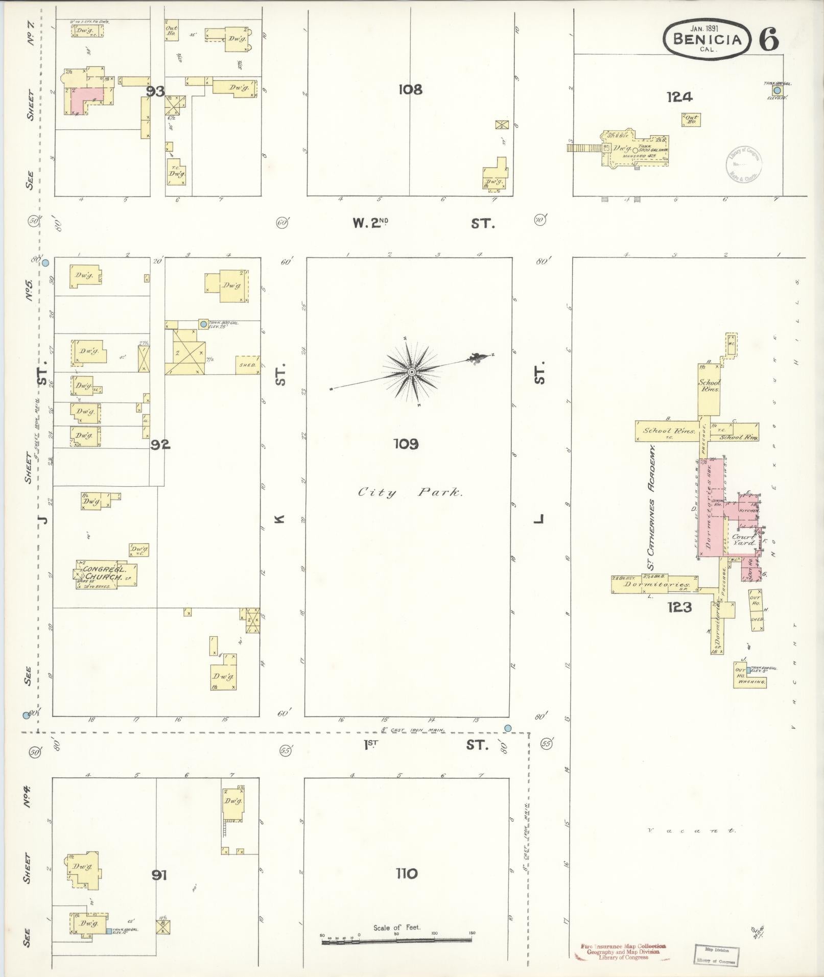 Sanborn Fire Insurance Map from Benicia, Solano County, California (1891), Sheet #0006 - Historic Sanborn Fire Insurance Map Print, vintage old map wall art, antique decor, genealogy gift, California California map