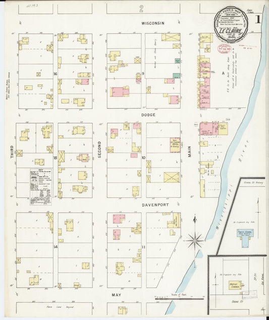 Sanborn Fire Insurance Map from Le Claire, Scott County, Iowa (1895), Sheet #0001 - Historic Sanborn Fire Insurance Map Print, vintage old map wall art