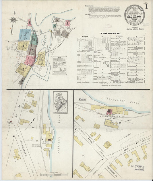 Sanborn Fire Insurance Map from Old Town, Penobscot County, Maine (1912), Sheet #0001 - Complete Map Set gallery image, historic Sanborn map, vintage wall art, Maine Maine