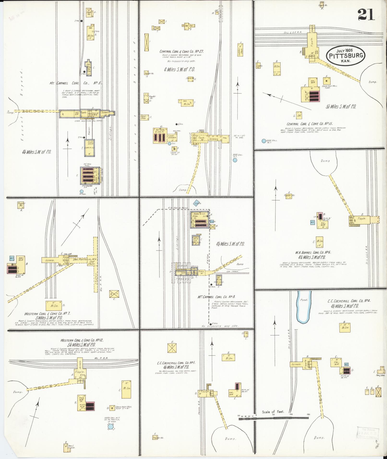 Sanborn Fire Insurance Map from Pittsburg, Crawford County, Kansas (1905), Sheet #0021 - Complete Map Set gallery image, historic Sanborn map, vintage wall art, Kansas Kansas