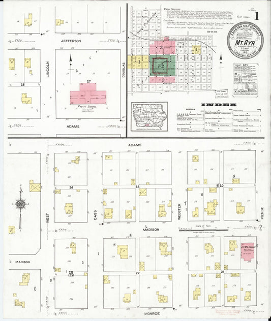 Sanborn Fire Insurance Map from Mount Ayr, Ringgold County, Iowa (1919), Sheet #0001 - Historic Sanborn Fire Insurance Map Print, vintage old map wall art