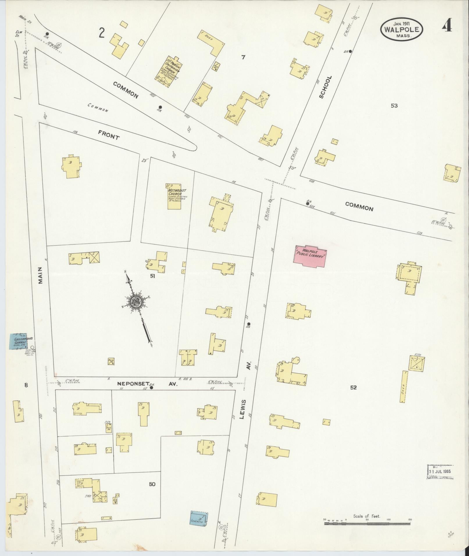 Sanborn Fire Insurance Map from Walpole, Norfolk County, Massachusetts (1911), Sheet #0004 - Complete Map Set gallery image, historic Sanborn map, vintage wall art, Massachusetts Massachusetts