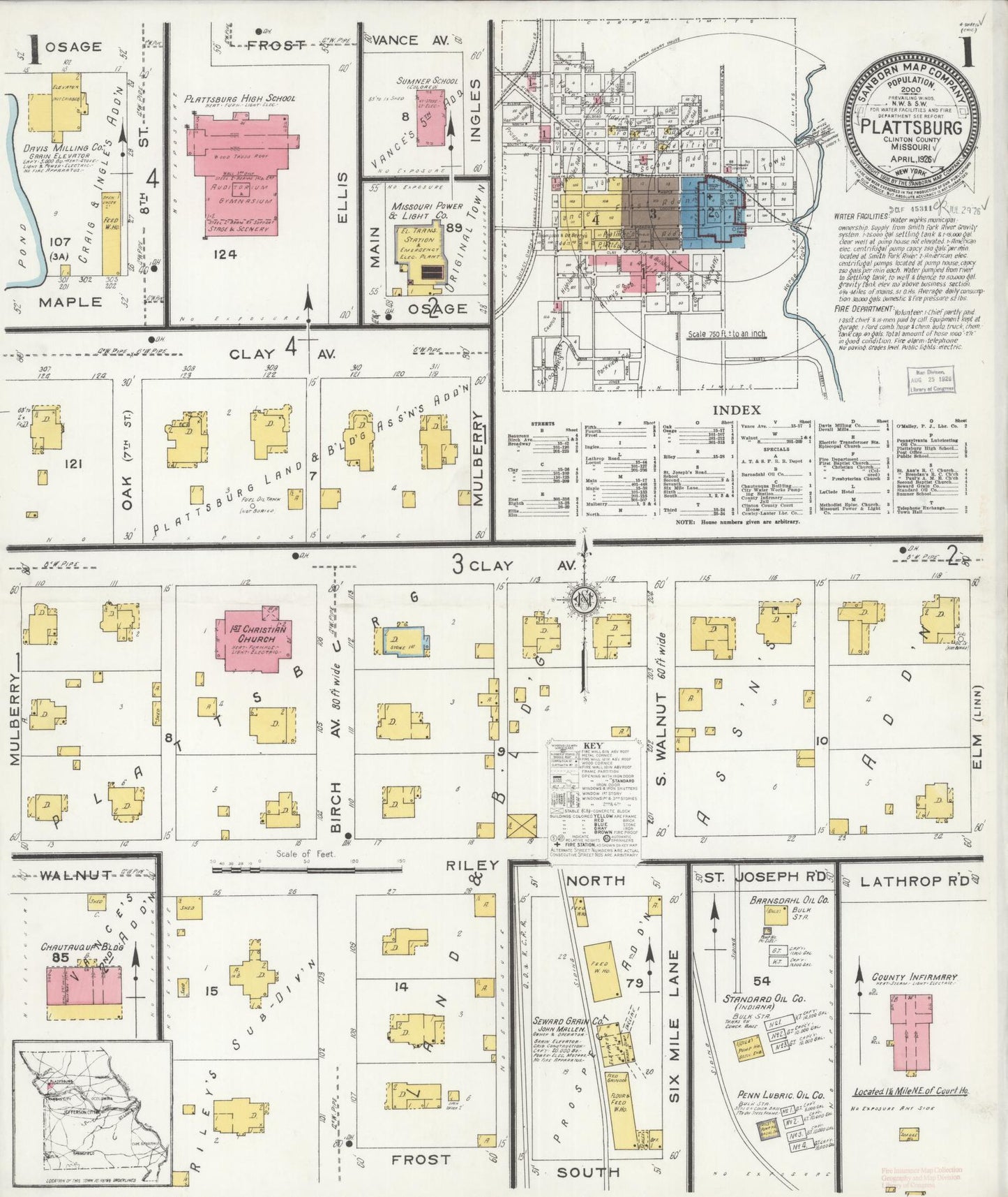 Sanborn Fire Insurance Map from Plattsburg, Clinton County, Missouri (1926), Sheet #0001 - Historic Sanborn Fire Insurance Map Print, vintage old map wall art, antique decor, genealogy gift, Missouri Missouri map