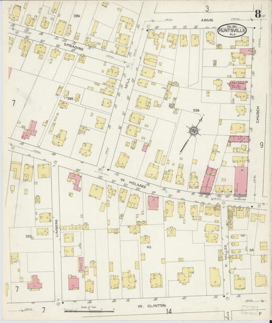 Sanborn Fire Insurance Map from Huntsville, Madison County, Alabama (1913), Sheet #0008 - Historic Sanborn Fire Insurance Map Print, vintage old map wall art, antique decor, genealogy gift, Alabama Alabama map