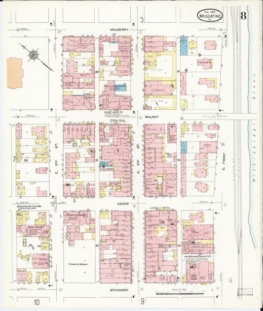 Sanborn Fire Insurance Map from Muscatine, Muscatine County, Iowa (1912), Sheet #0008 - Historic Sanborn Fire Insurance Map Print, vintage old map wall art