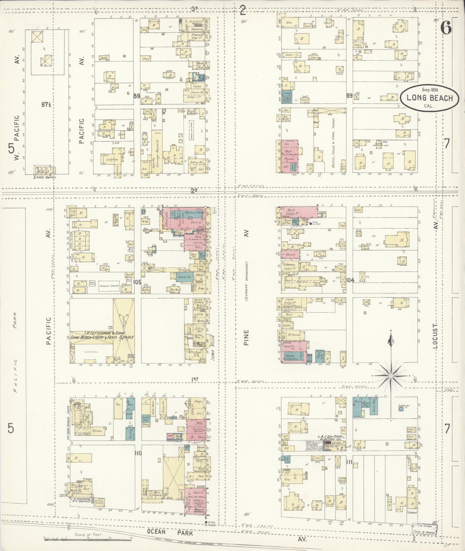 Sanborn Fire Insurance Map from Long Beach, Los Angeles County, California (1898), Sheet #0006 - Historic Sanborn Fire Insurance Map Print, vintage old map wall art, antique decor, genealogy gift, California California map