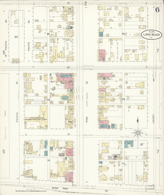 Sanborn Fire Insurance Map from Long Beach, Los Angeles County, California (1898), Sheet #0006 - Historic Sanborn Fire Insurance Map Print, vintage old map wall art, antique decor, genealogy gift, California California map