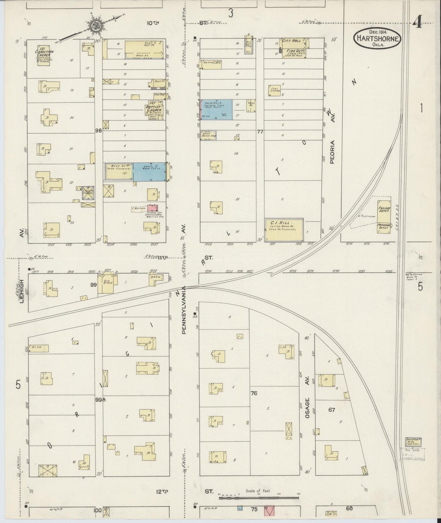 Sanborn Fire Insurance Map from Hartshorne, Pittsburg County, Oklahoma (1914), Sheet #0004 - Complete Map Set gallery image, historic Sanborn map, vintage wall art, Oklahoma Oklahoma