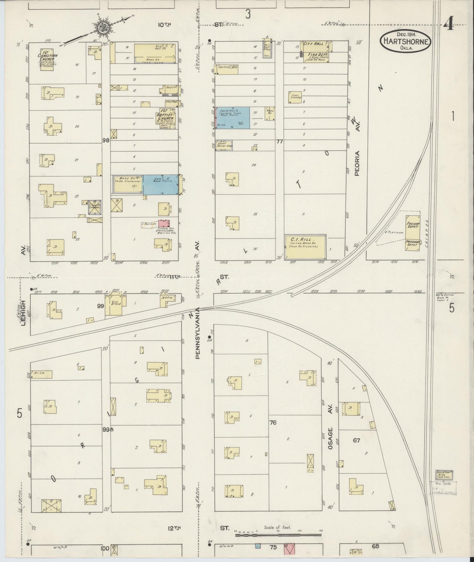 Sanborn Fire Insurance Map from Hartshorne, Pittsburg County, Oklahoma (1914), Sheet #0004 - Complete Map Set gallery image, historic Sanborn map, vintage wall art, Oklahoma Oklahoma