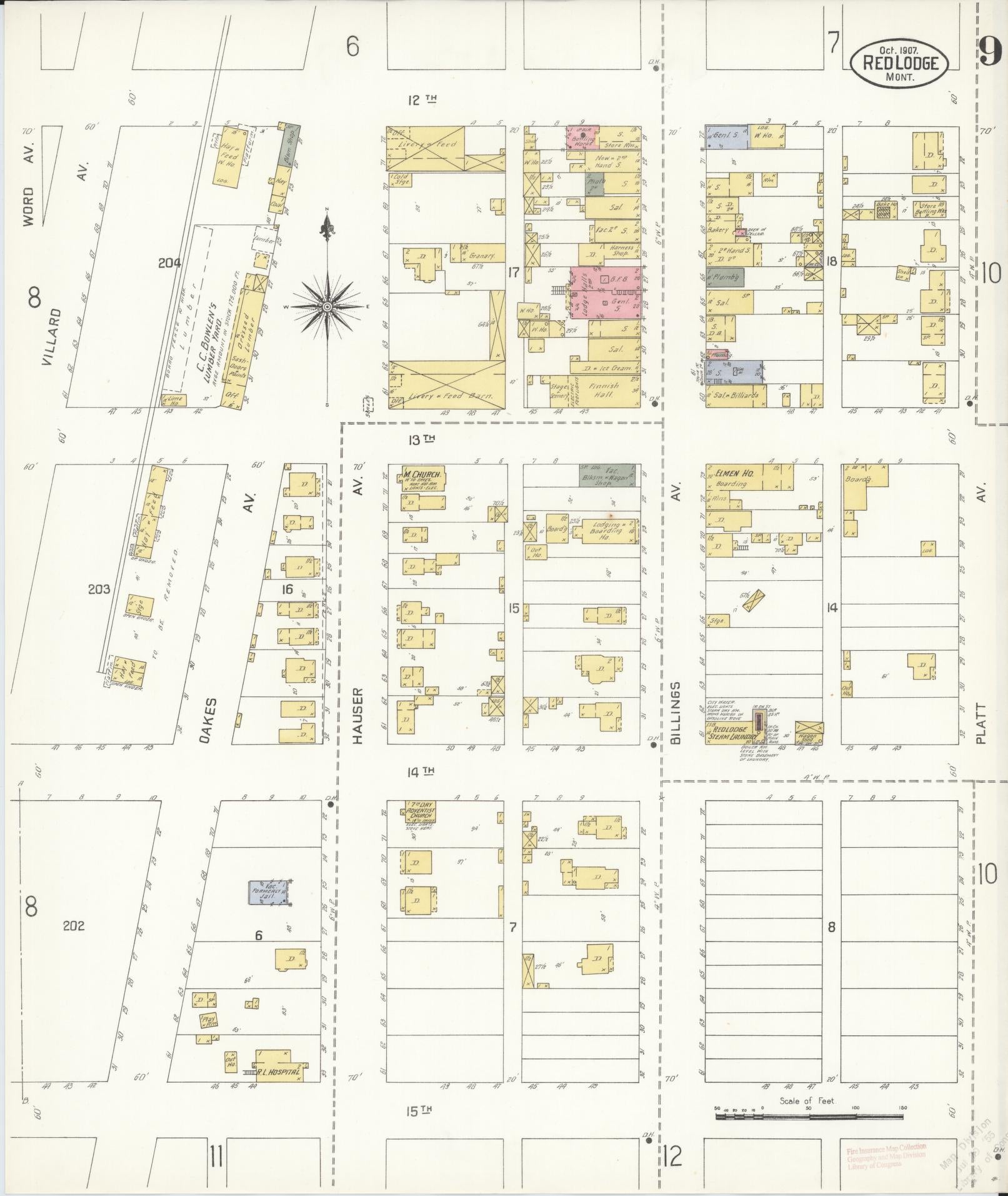 Sanborn Fire Insurance Map from Red Lodge, Carbon County, Montana (1907), Sheet #0009 - Complete Map Set gallery image, historic Sanborn map, vintage wall art, Montana Montana