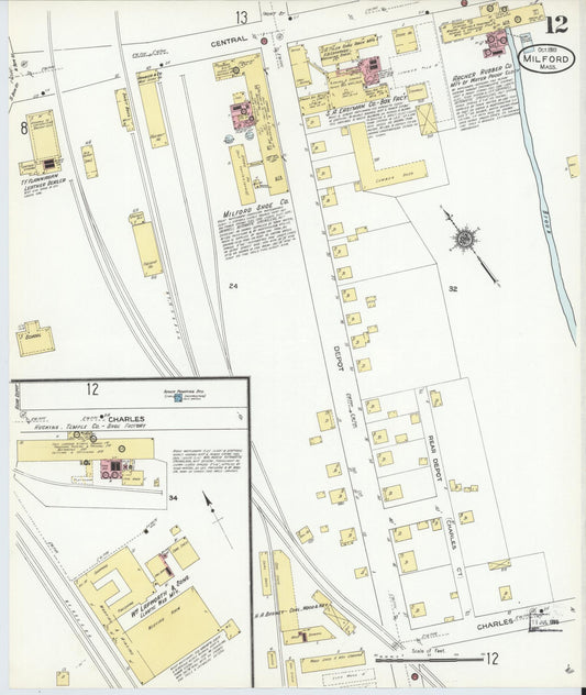 Sanborn Fire Insurance Map from Milford, Worcester County, Massachusetts (1910), Sheet #0012 - Historic Sanborn Fire Insurance Map Print, vintage old map wall art, antique decor, genealogy gift, Massachusetts Massachusetts map