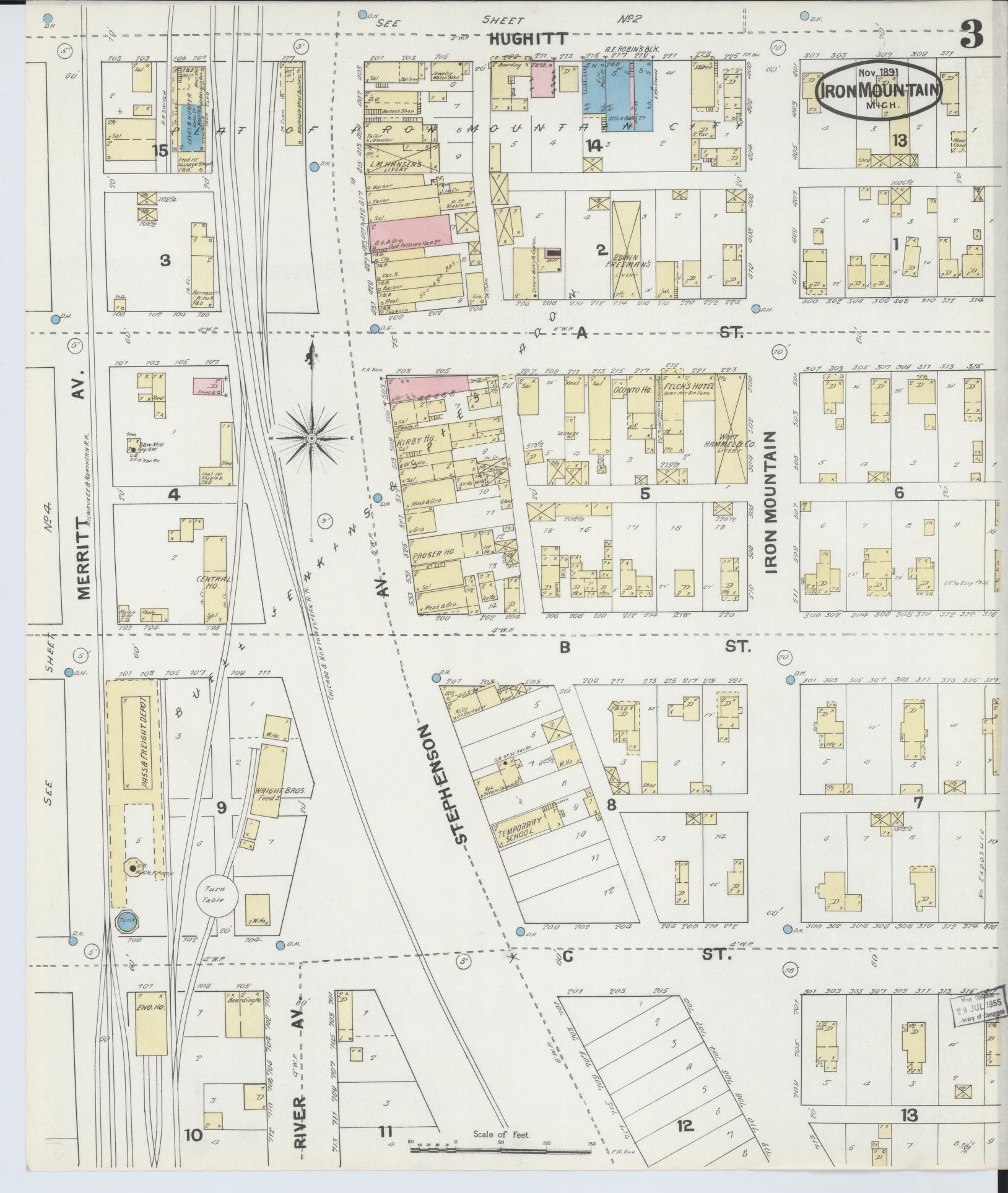 Sanborn Fire Insurance Map from Iron Mountain, Dickinson County, Michigan (1891), Sheet #0003 - Complete Map Set gallery image, historic Sanborn map, vintage wall art, Michigan Michigan