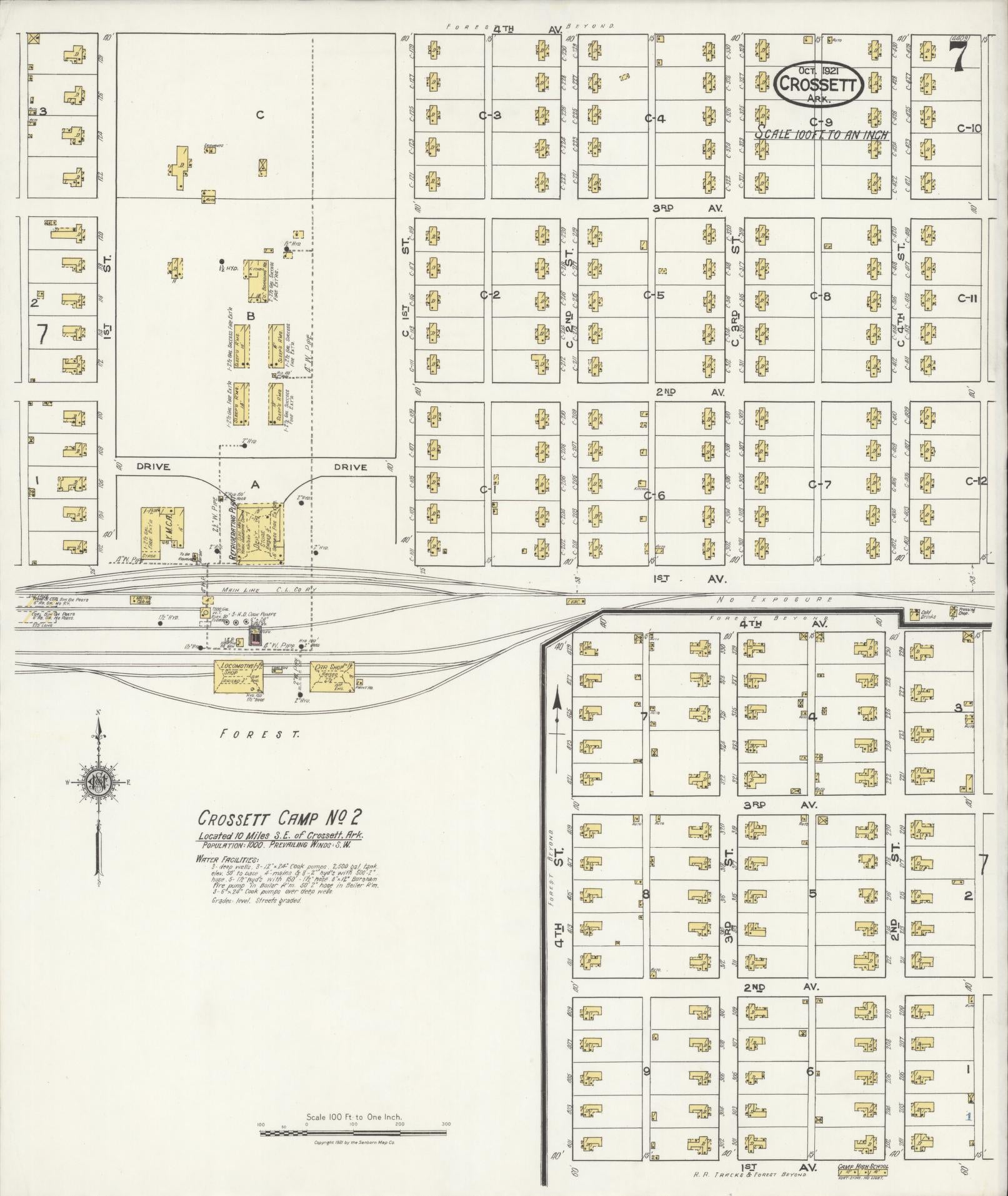 Sanborn Fire Insurance Map from Crossett, Ashley County, Arkansas (1921), Sheet #0007 - Historic Sanborn Fire Insurance Map Print, vintage old map wall art, antique decor, genealogy gift, Arkansas Arkansas map