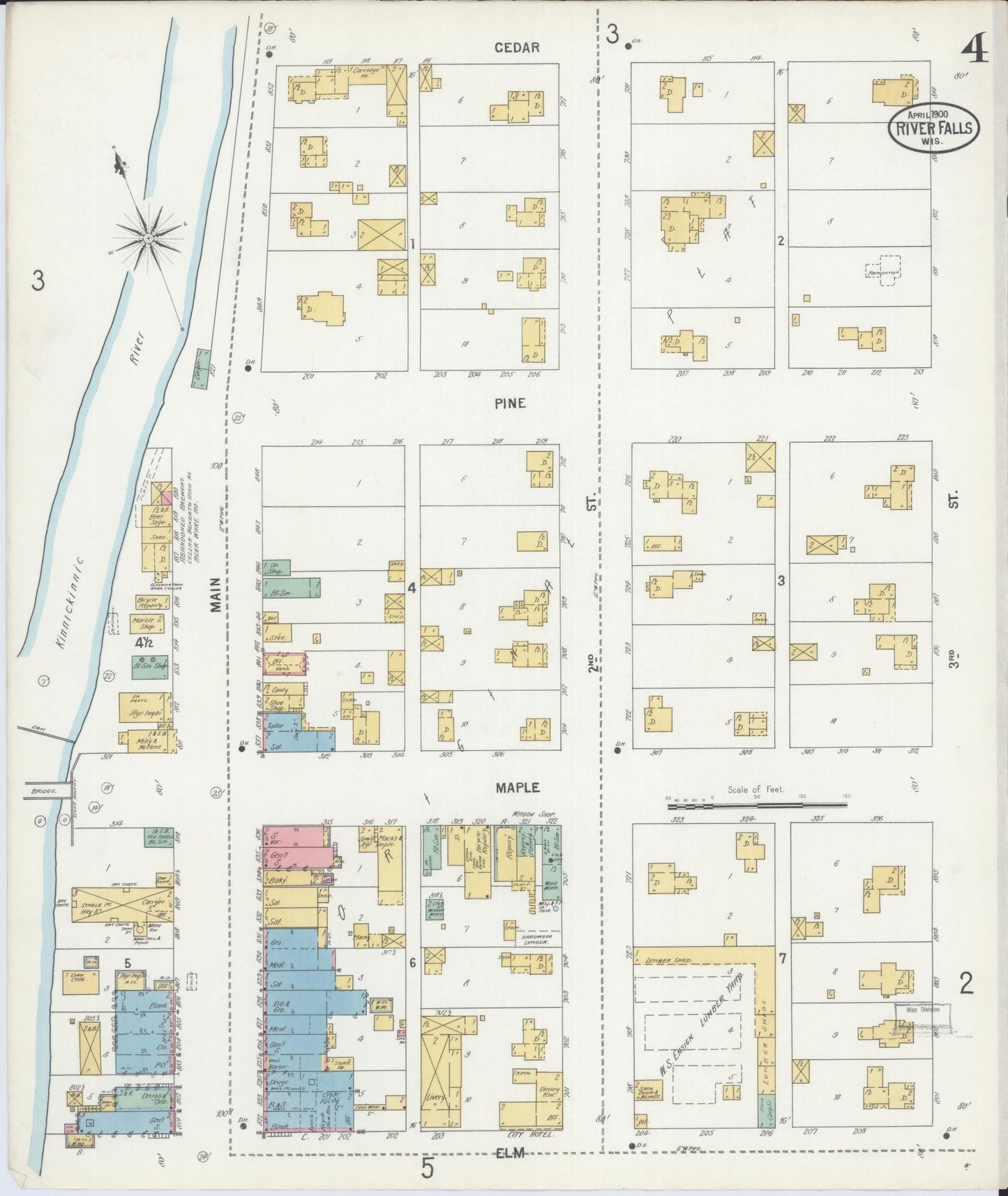 Sanborn Fire Insurance Map from River Falls, St. Croix and Pierce Counties, Wisconsin (1900), Sheet #0004 - Historic Sanborn Fire Insurance Map Print, vintage old map wall art, antique decor, genealogy gift, Wisconsin Wisconsin map