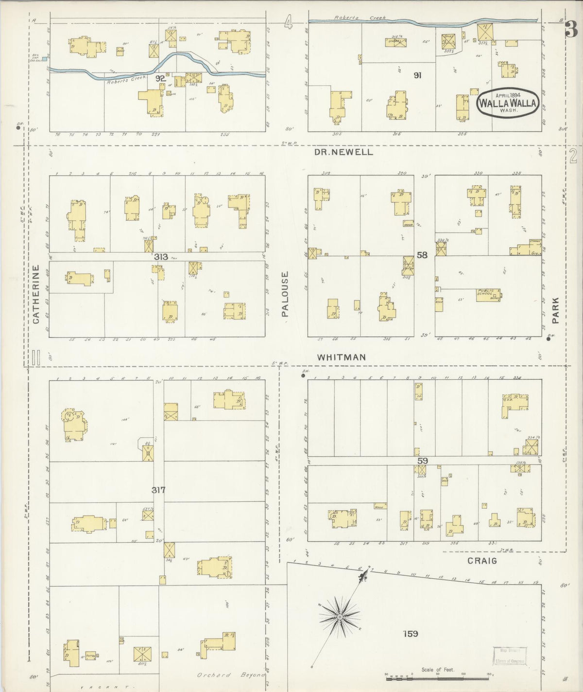 Sanborn Fire Insurance Map from Walla Walla, Walla Walla County, Washington (1894), Sheet #0003 - Historic Sanborn Fire Insurance Map Print, vintage old map wall art, antique decor, genealogy gift, Washington Washington map