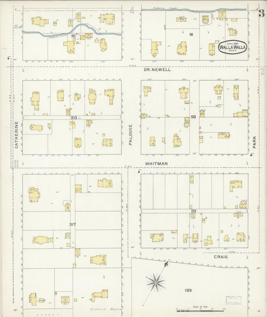 Sanborn Fire Insurance Map from Walla Walla, Walla Walla County, Washington (1894), Sheet #0003 - Historic Sanborn Fire Insurance Map Print, vintage old map wall art, antique decor, genealogy gift, Washington Washington map
