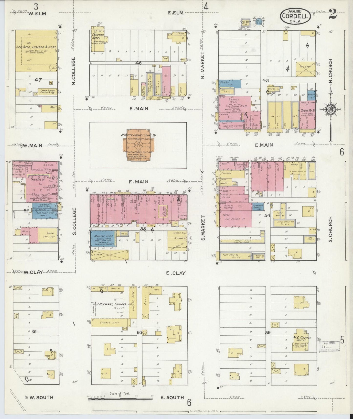 Sanborn Fire Insurance Map from Cordell, Washita County, Oklahoma (1916), Sheet #0002 - Complete Map Set gallery image, historic Sanborn map, vintage wall art, Oklahoma Oklahoma