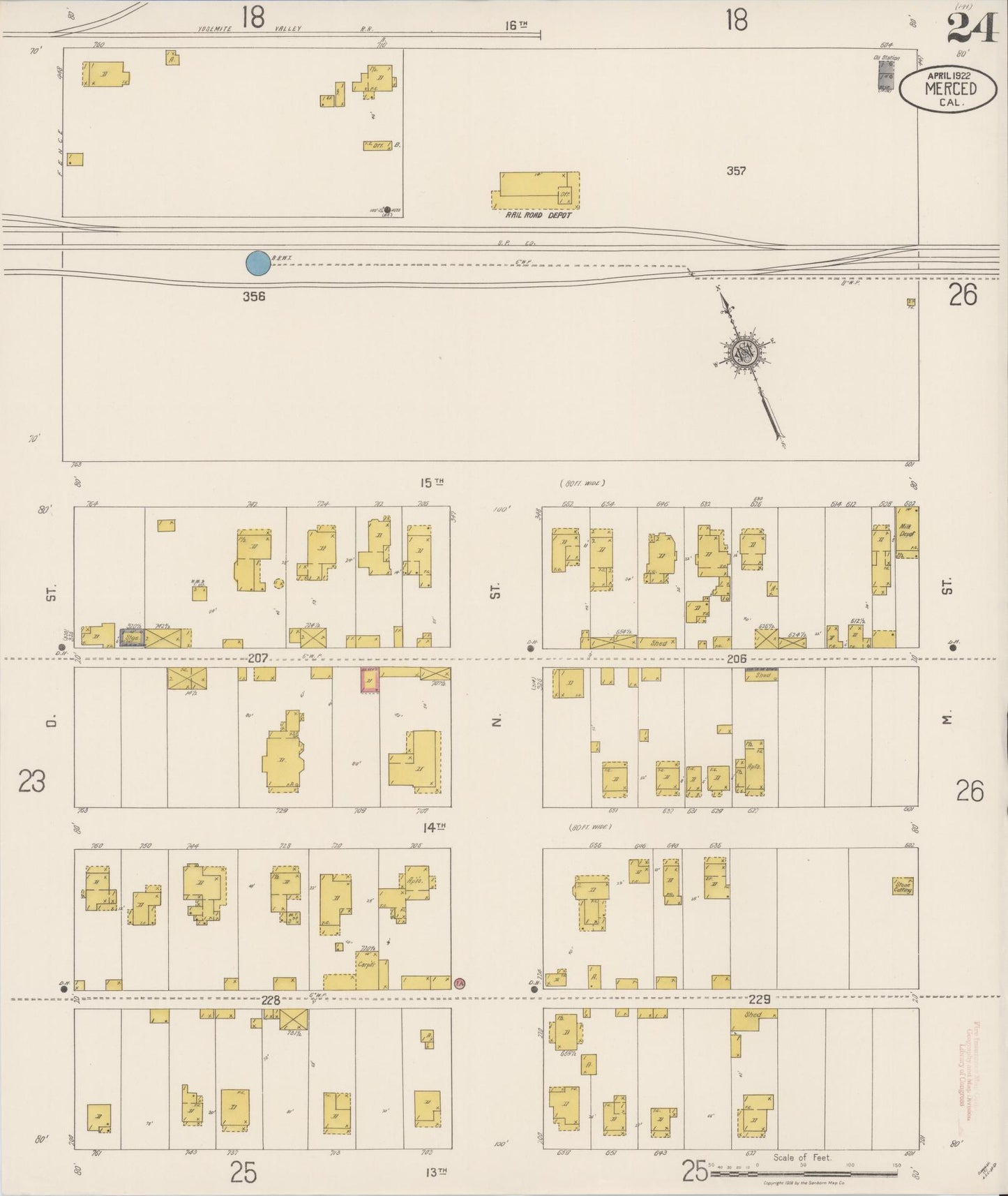 Sanborn Fire Insurance Map from Merced, Merced County, California (1922), Sheet #0024 - Historic Sanborn Fire Insurance Map Print, vintage old map wall art, antique decor, genealogy gift, California California map