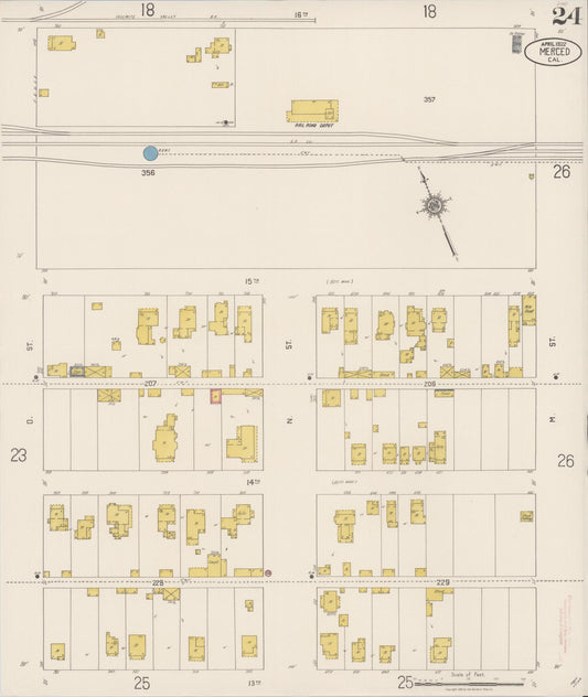 Sanborn Fire Insurance Map from Merced, Merced County, California (1922), Sheet #0024 - Historic Sanborn Fire Insurance Map Print, vintage old map wall art, antique decor, genealogy gift, California California map