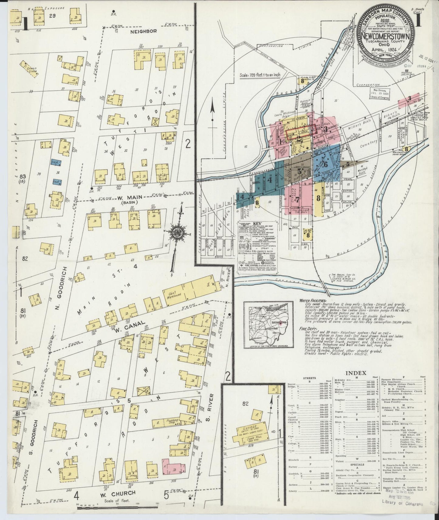 Sanborn Fire Insurance Map from Newcomerstown, Tuscarawas County, Ohio (1924), Sheet #0001 - Complete Map Set gallery image, historic Sanborn map, vintage wall art, Ohio Ohio