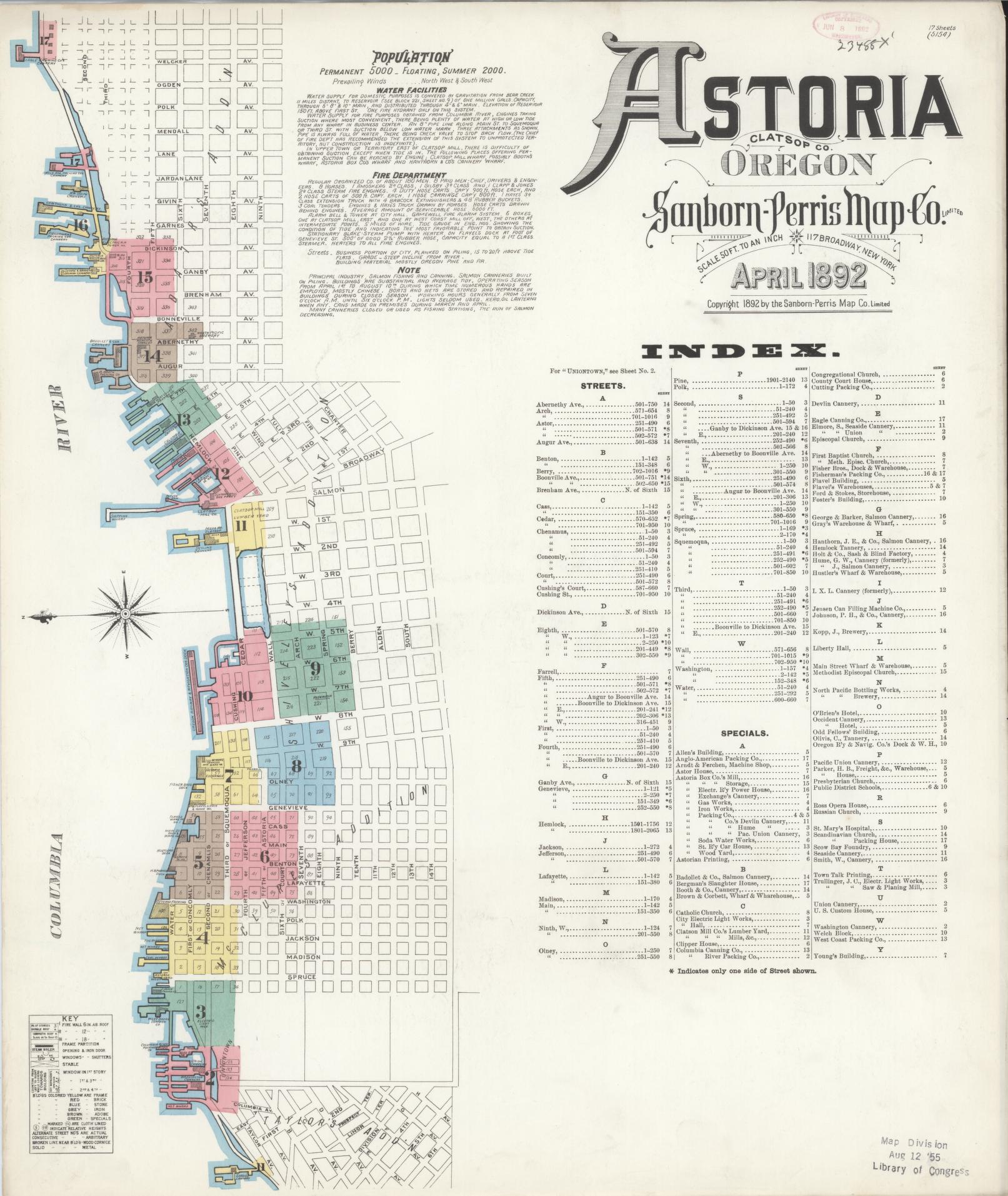 Sanborn Fire Insurance Map from Astoria, Clatsop County, Oregon (1892), Sheet #0001 - Complete Map Set gallery image, historic Sanborn map, vintage wall art, Oregon Oregon